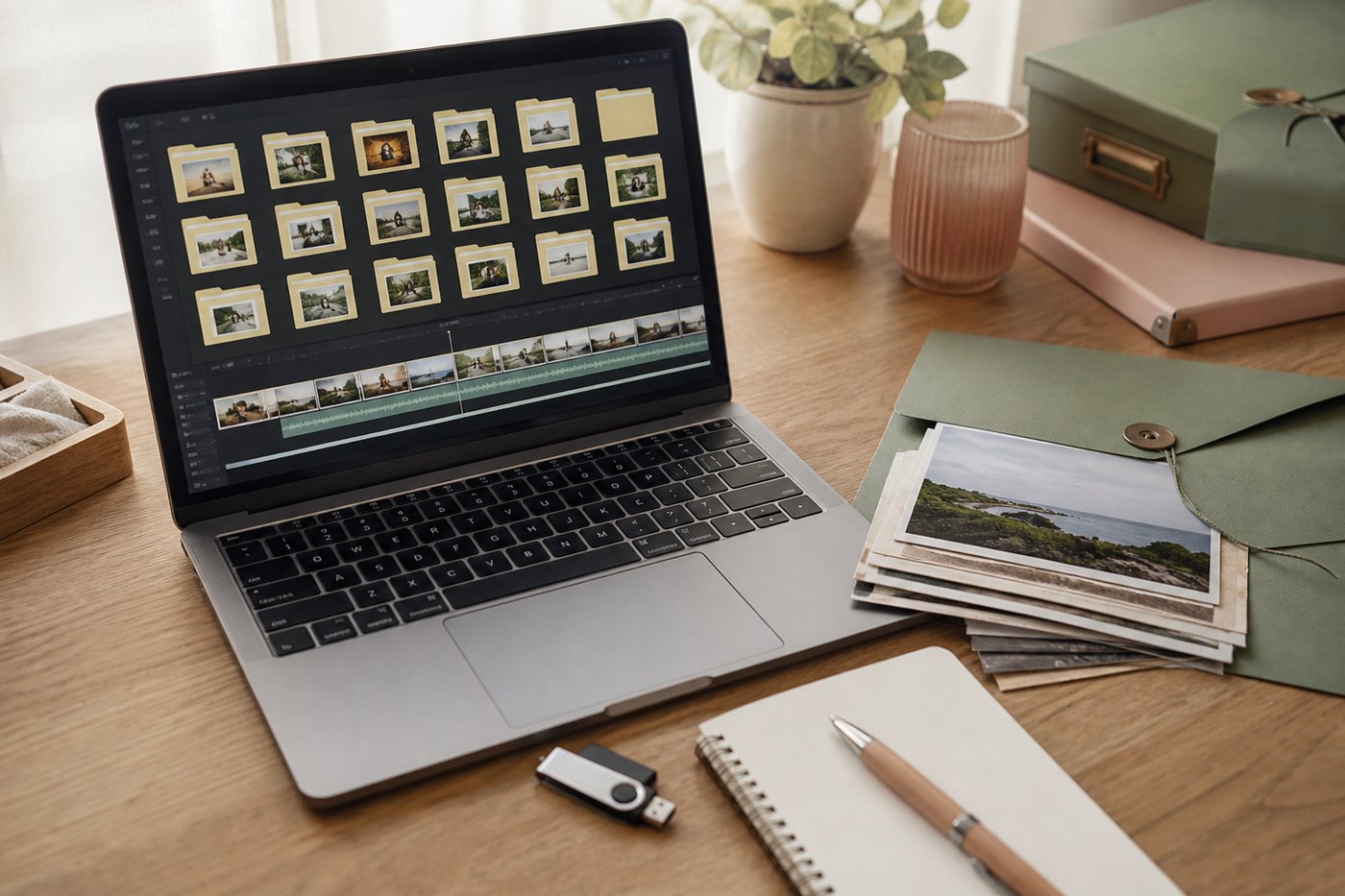 A laptop with organized photo folders and a simple video timeline beside printed photos
