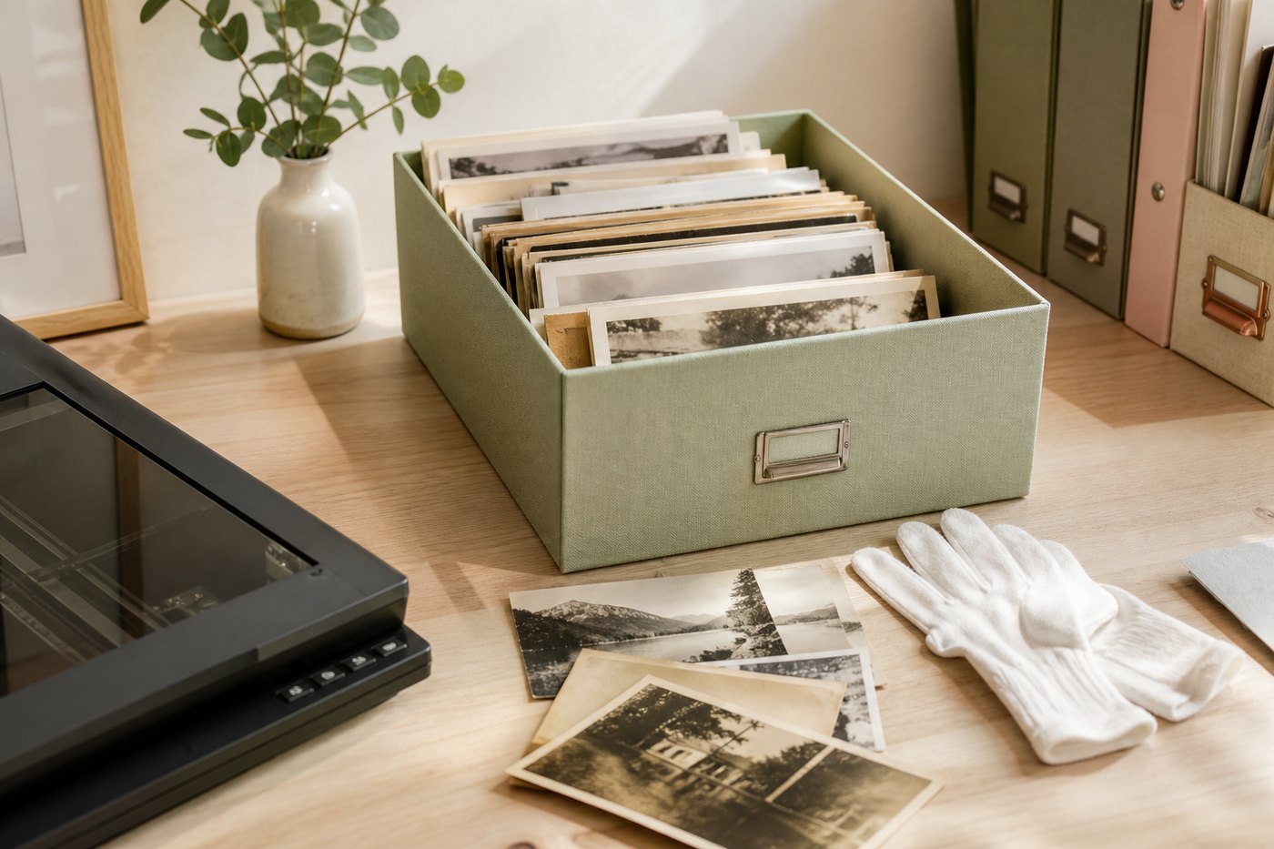 Printed photographs prepared for scanning beside cotton gloves and a scanner